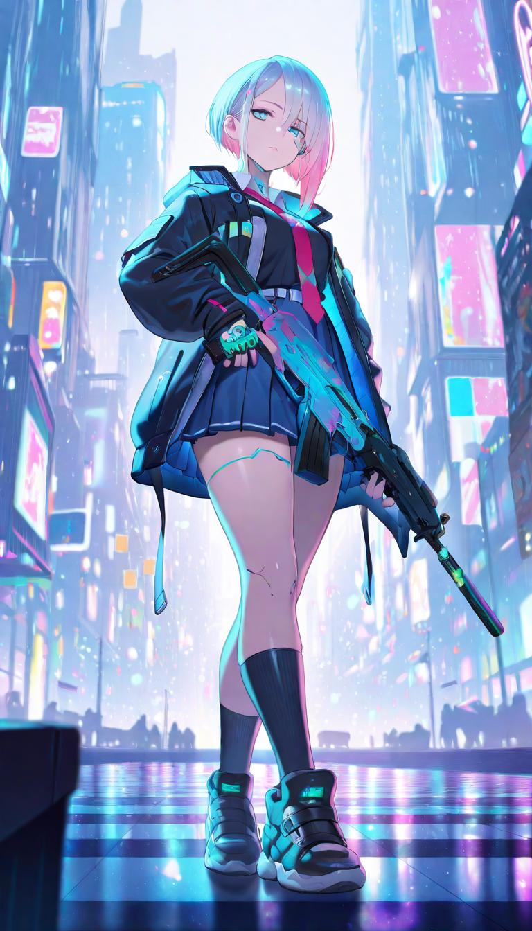 1girl, school girl, assault rifle, dynamic light, vibrant colors, eye-catching, colorful, cyberpunk city