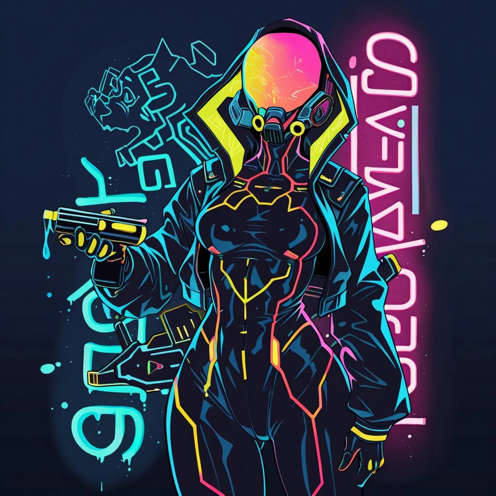A futuristic fashion model with striking cybernetic enhancements, her body adorned with glowing neon patterns. She stand
