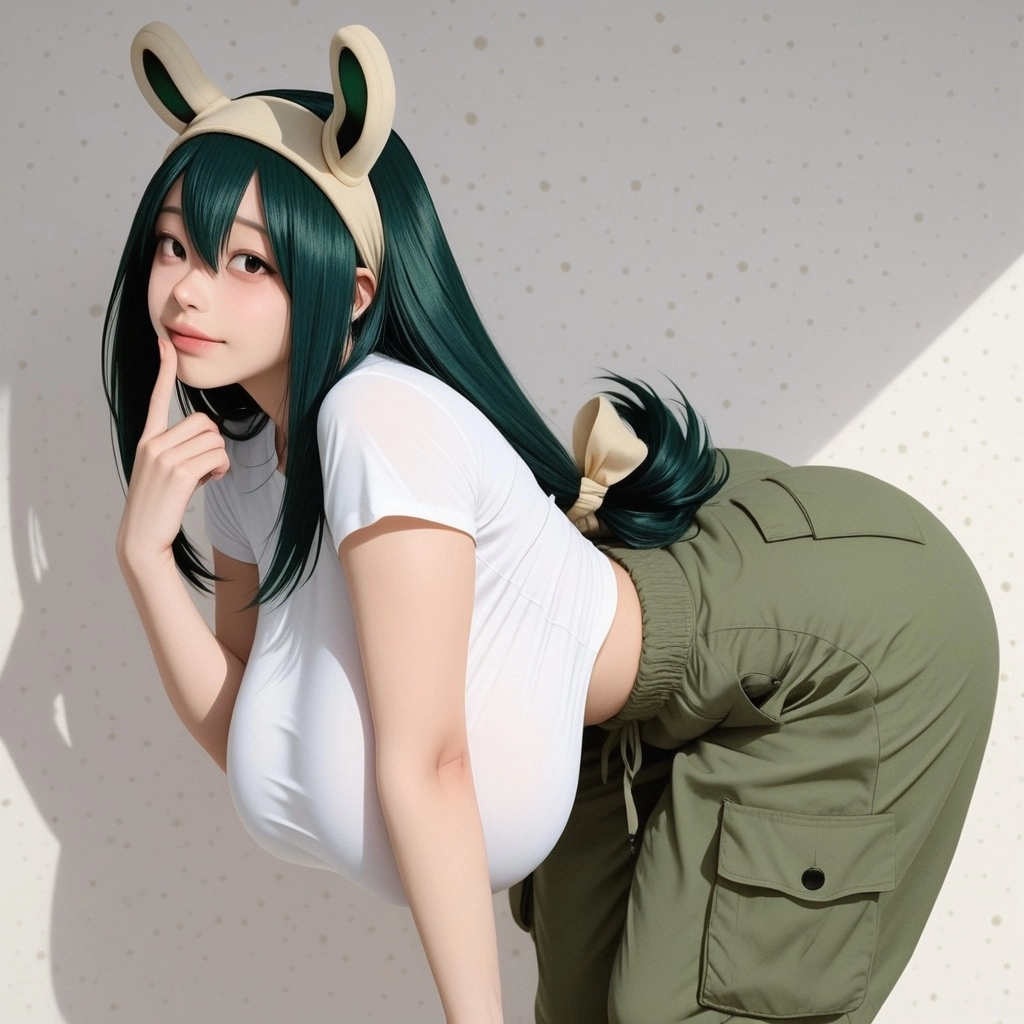 Tsuyu Asui, My Hero Academia, leaning forward rear three-quarter view looking back, finger on lips, slight smile, huge e