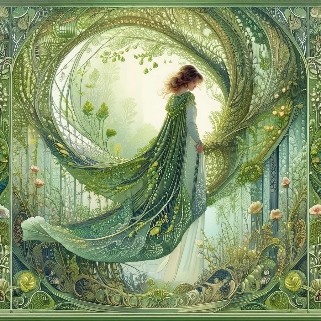 In the ethereal realm of a Haeckelian masterpiece, intricate organic patterns, inspired by nature's Fibonacci spirals an