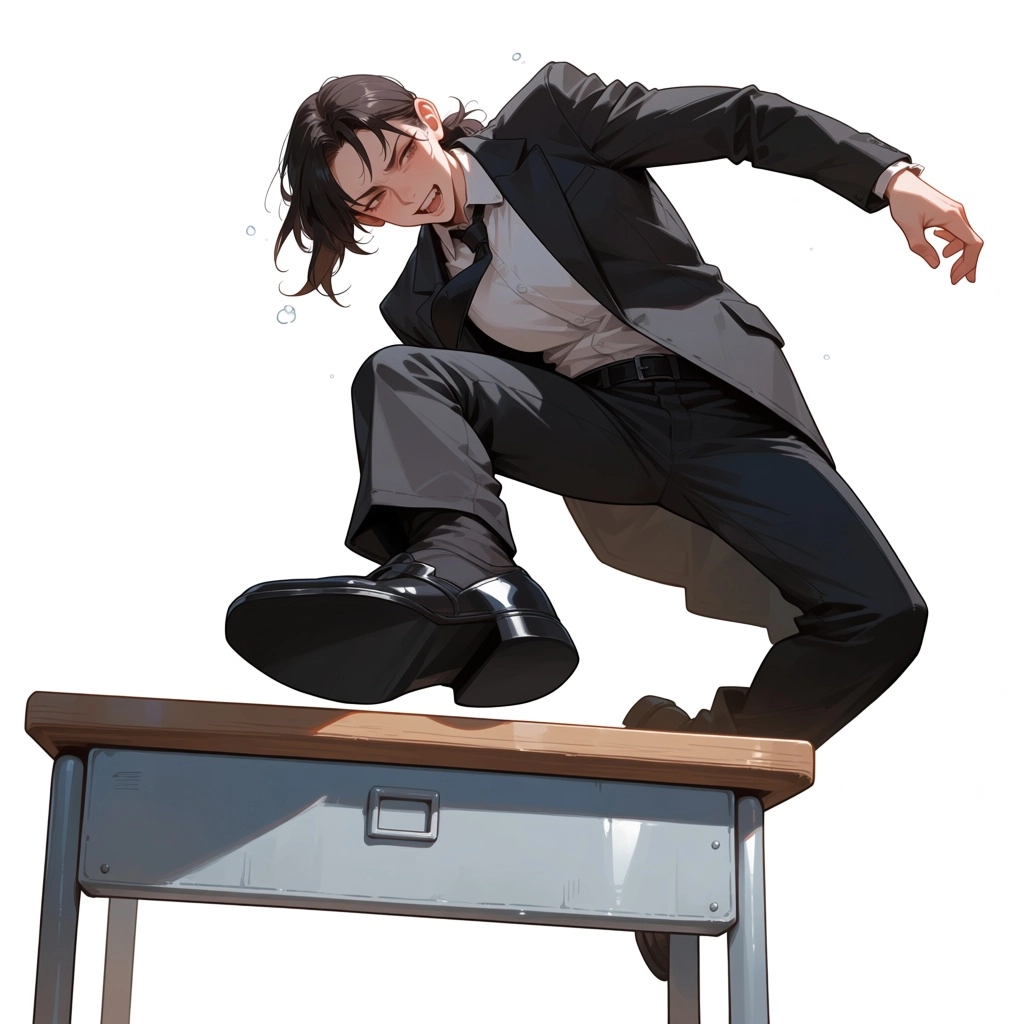 Kafka from hard with a suit jumps over a desk, safe for work, clothed