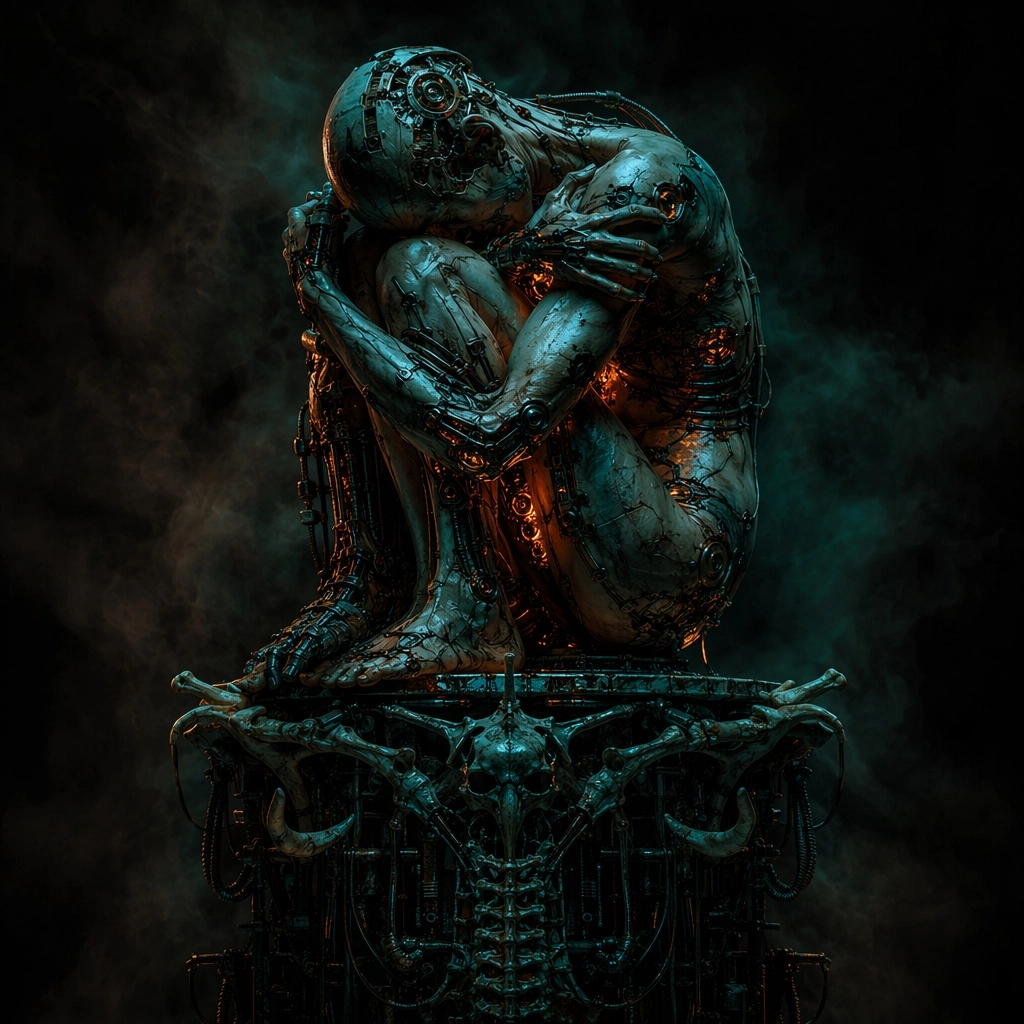 A human form made from flesh, unnatural machines and biomechanical components cradling  itself a top a  plinth  make fro