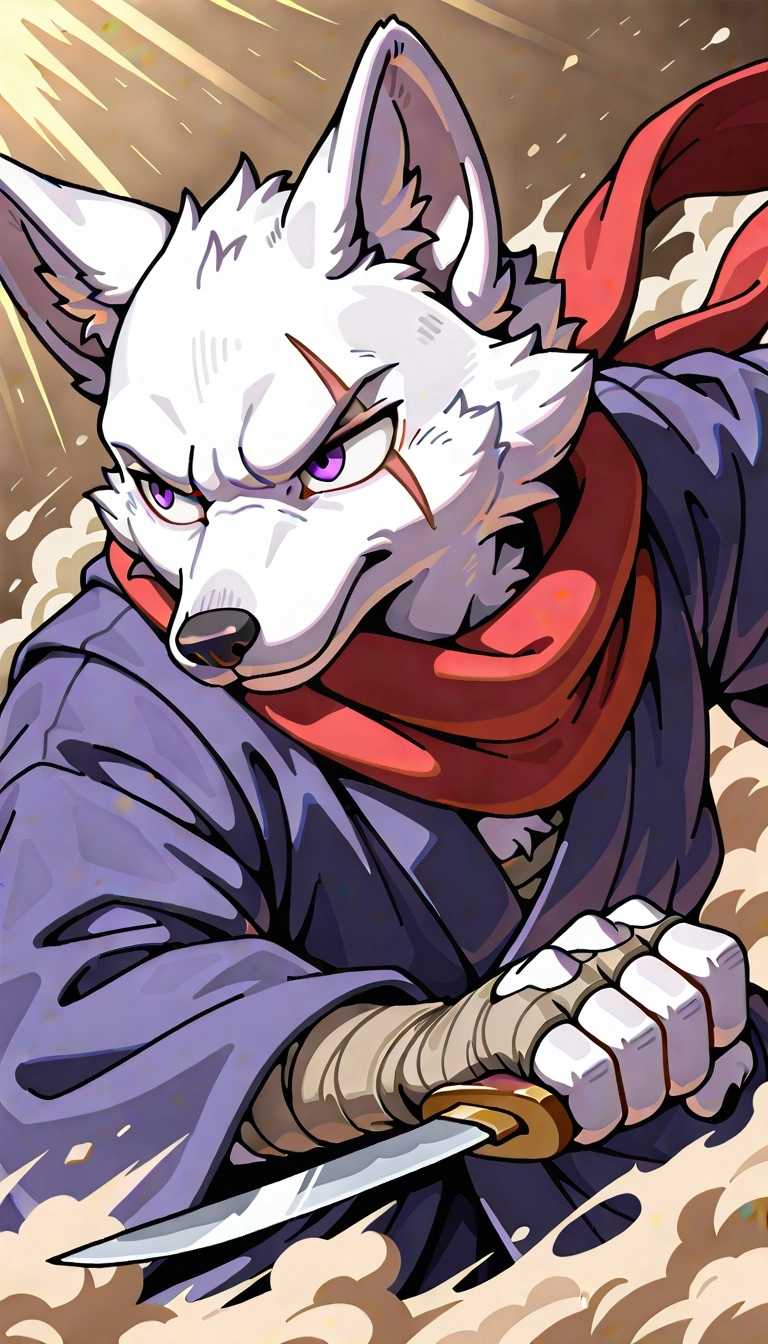  1male, solo, anthro, white fox, fluffy, purple eyes, eye scar, determined, close-up, ronin robes, scarf, bandages, sand