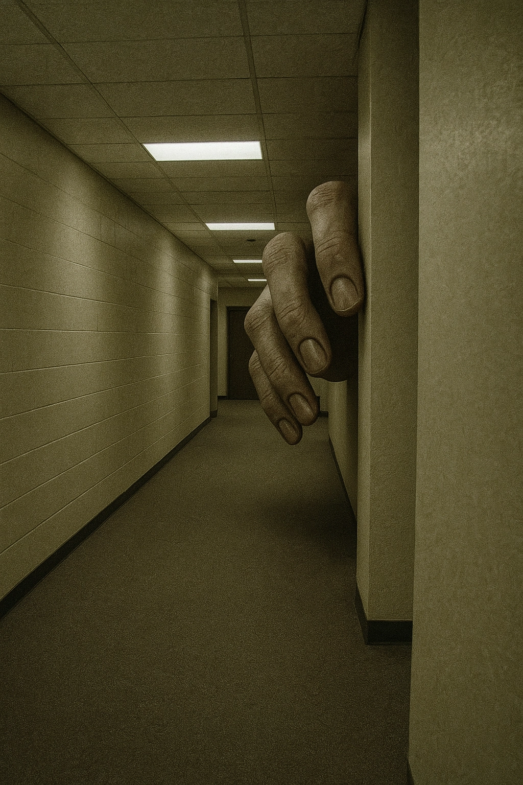 Liminal space files, giant hand the size of a car depicted peaking around a corner at the subject from a distance with a