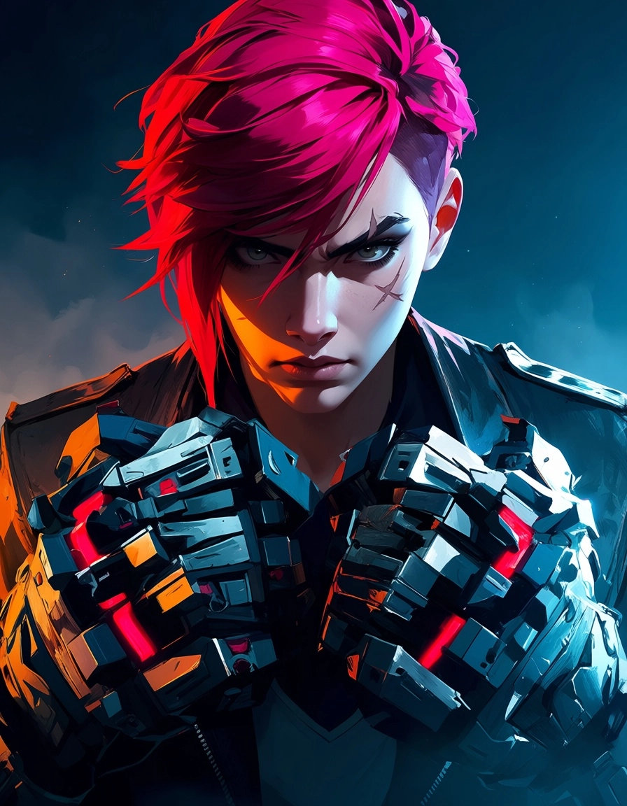 A dramatic portrait of Vi from Arcane, short bright pink hair, intense determined expression, facial scars, wearing a da