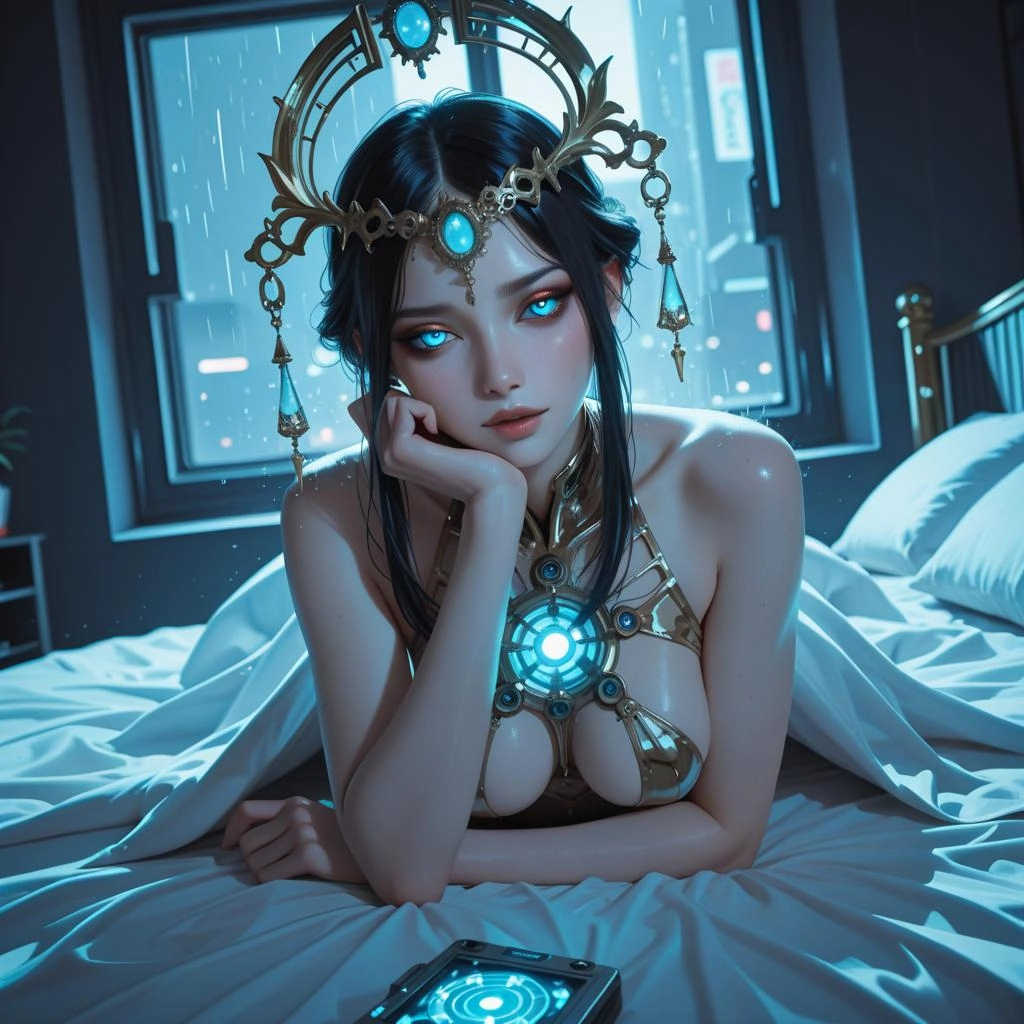 A mesmerizing, full-body portrait of a cybernetic enchantress, embodying ultimate allure and raw magnetism, sprawled lan