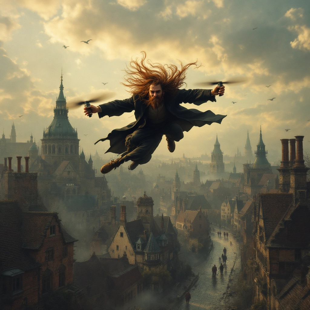 fantasy style long haired old man flying drone over english town