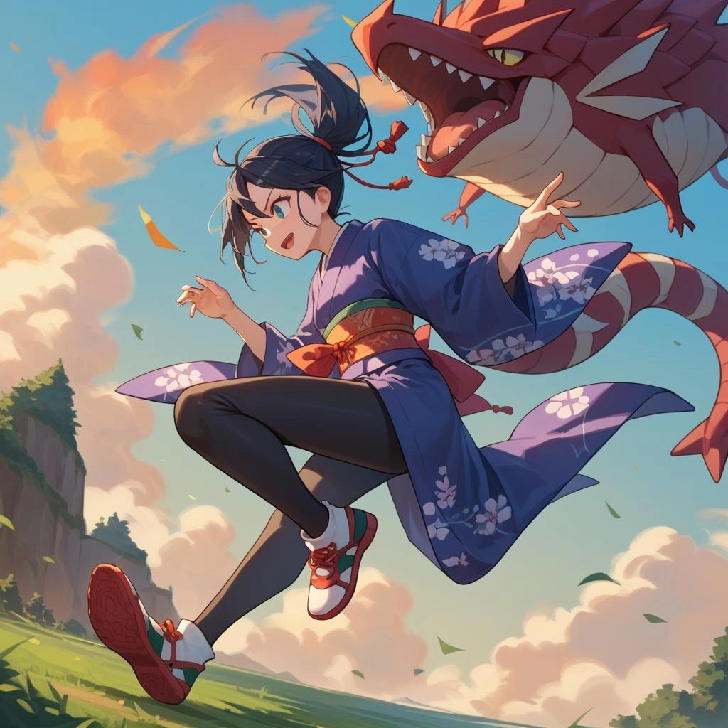 Kimono ninja girl riding a flying type dragon Pokemon 