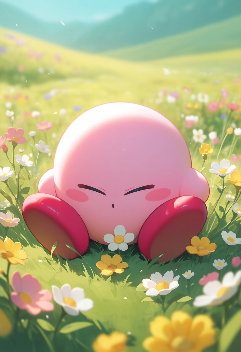 Kirby from well... Kirby. he is sitting down in a sunny field of flowers. All I gotta say is he's pink and round