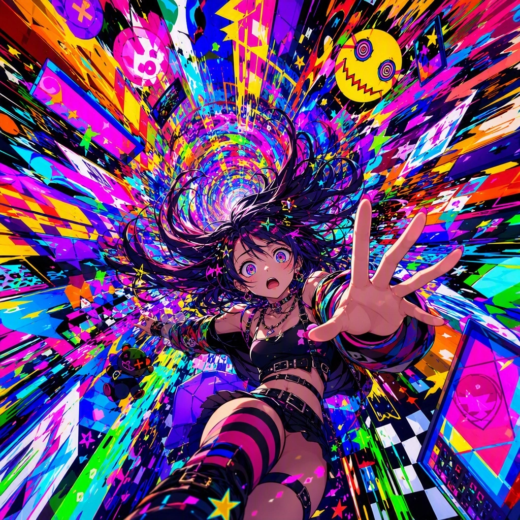 the most vivid, clear sharp lines, bright, chaotic, color explosion you can do
in the form of a pretty anime woman who i