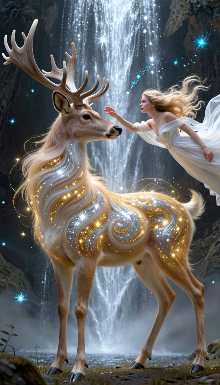 A celestial deer, its body a swirling nebula of gold and silver particles, with soft, dense, glowing fur where each stra
