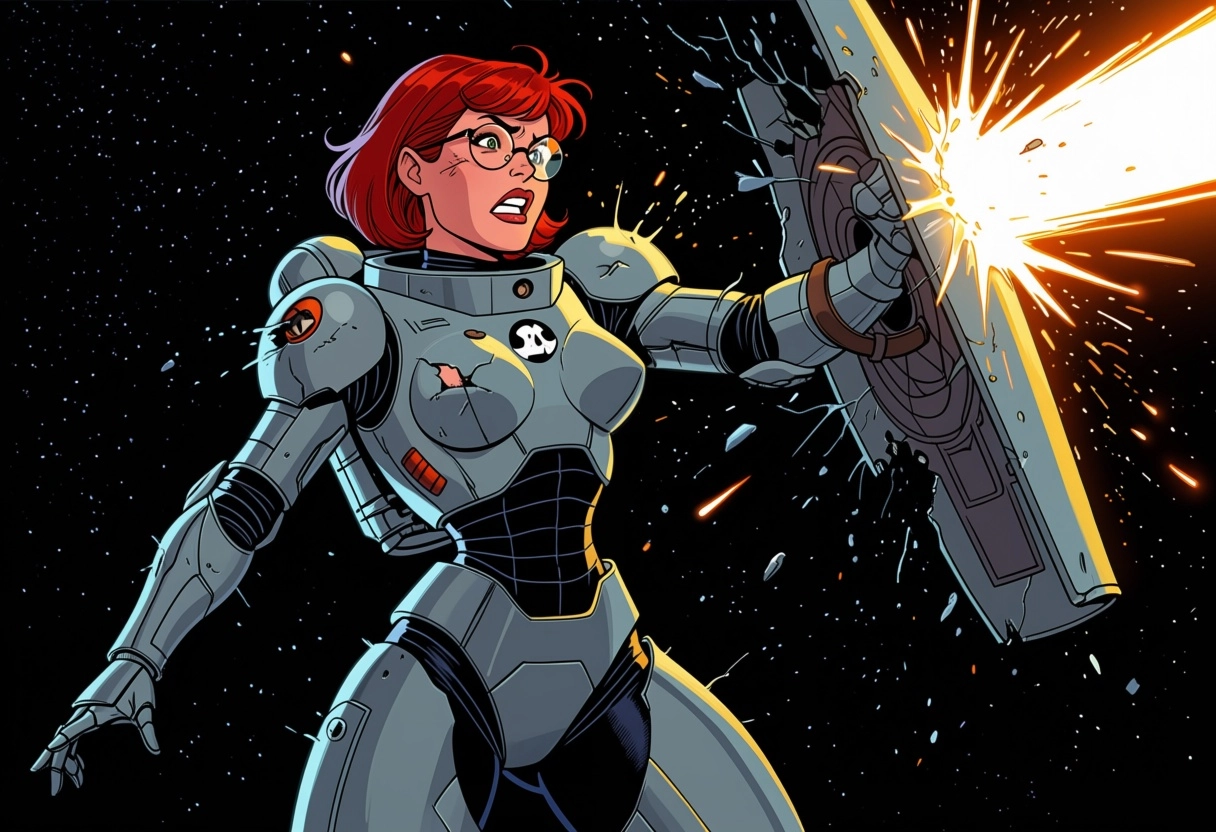 Female elf, red short hair, glasses, space ship scenario, power armor, armor torn apart, she raised her shield to deflec