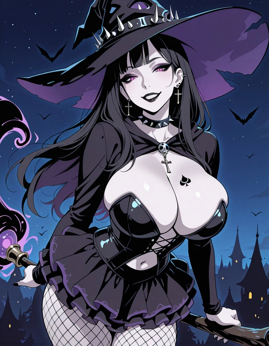 sexy mature female goth witch milf with huge breasts and voluptuous curvy body and pale white skin with many tattoos and
