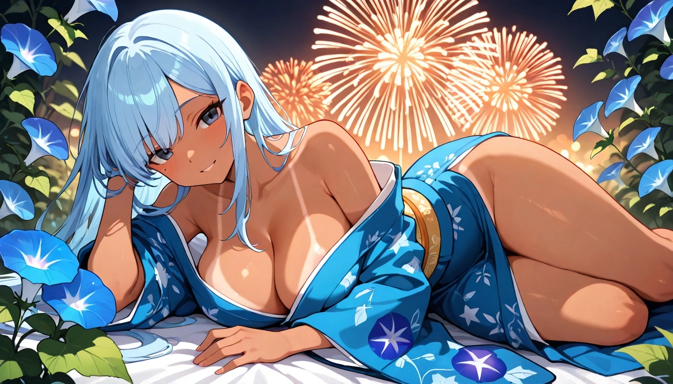 Very detailed style, masterpiece, 1 woman, soft gentle smile, tanned skin, long straight light blue hair and bangs swept