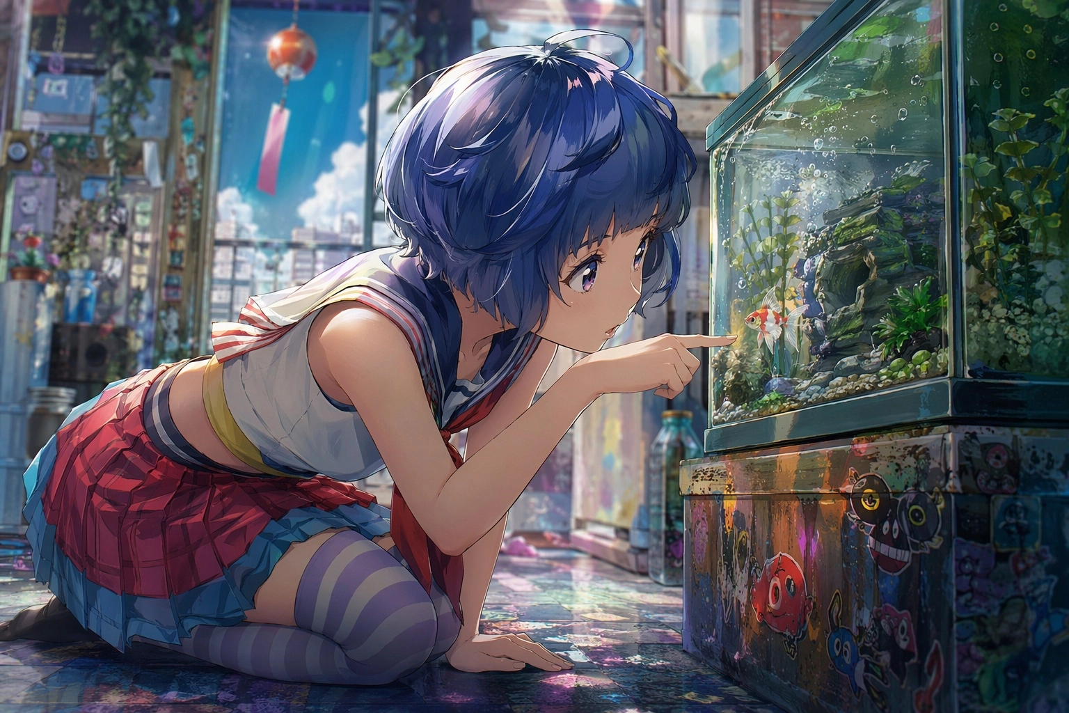 Uta from the anime movie Bubble. She is acting like a cat, poking at a fishtank, adorable highly detailed anime scene. C