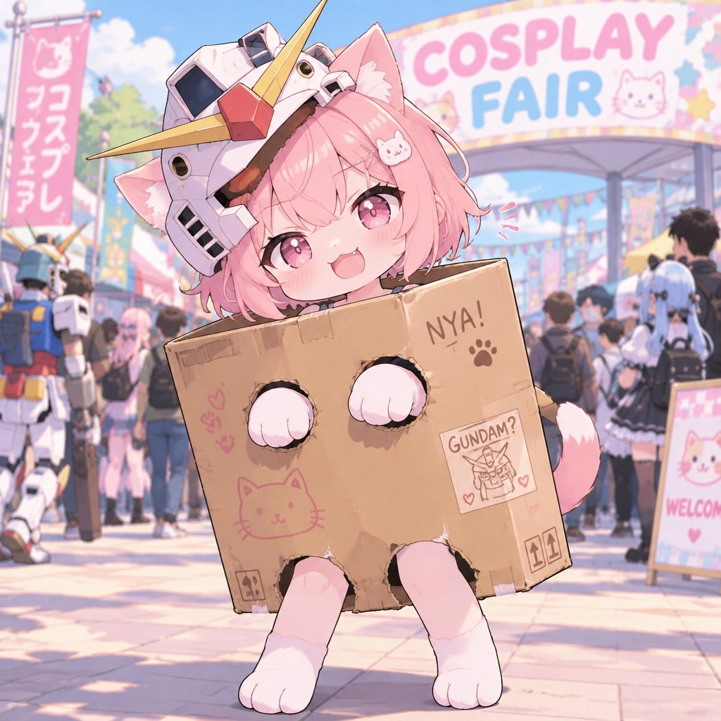 chibi  catgirl, short pink hair, pink eyes, cute expression, standing with paws and legs coming out of holes made in a c