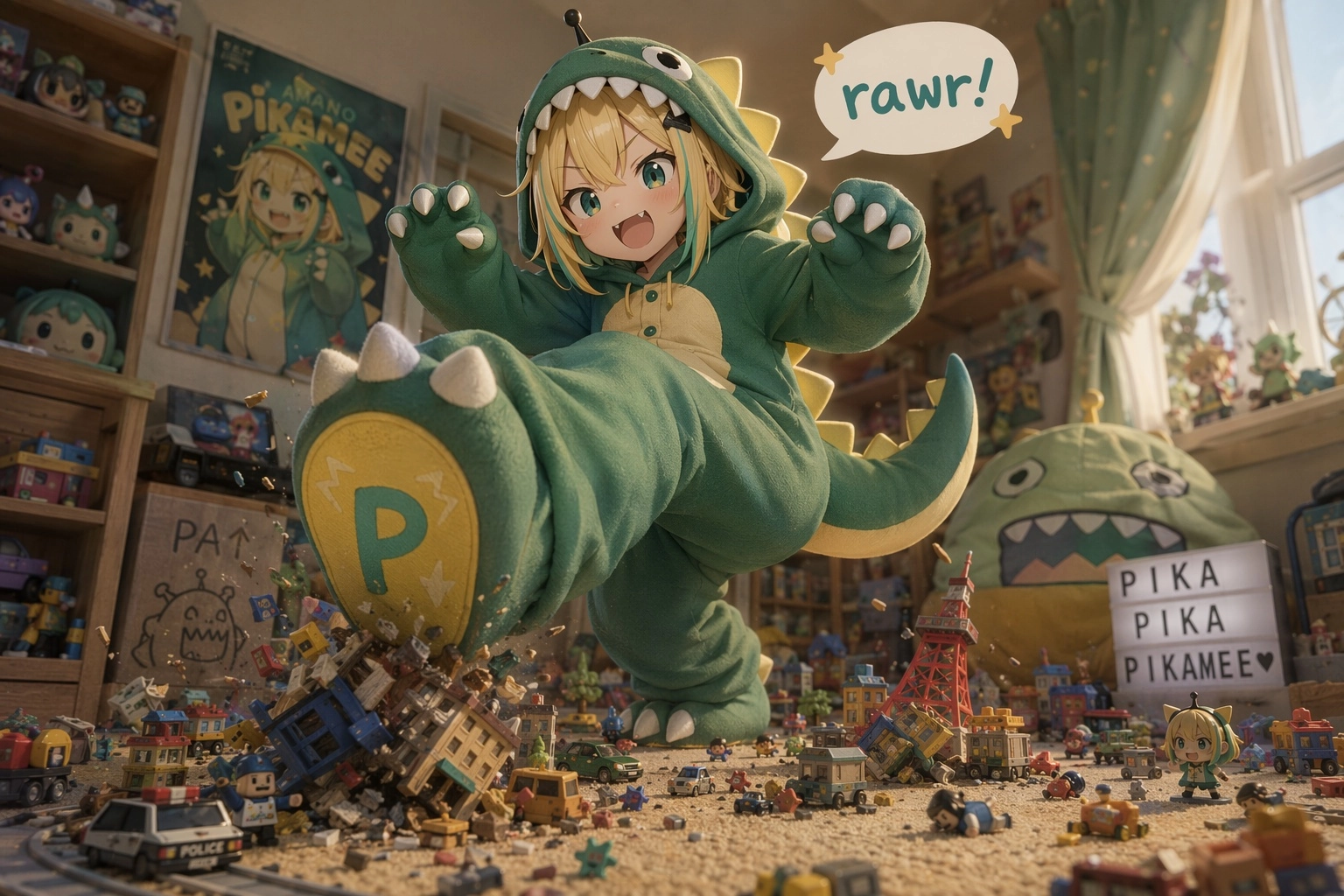 Amano Pikamee in her kaiju costume stomping all over a city made of toys on a carpeted floor, with a cute little "rawr!"