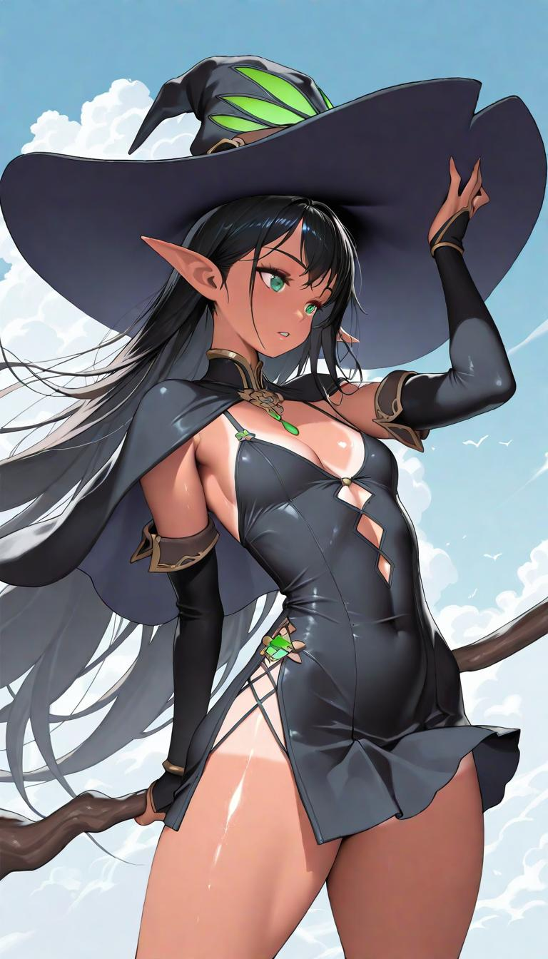 1girl, witch, elf, dark skin, toned, blue sky, breasts, hat, flat breasts, very long hair, sky, solo, witch hat, black h