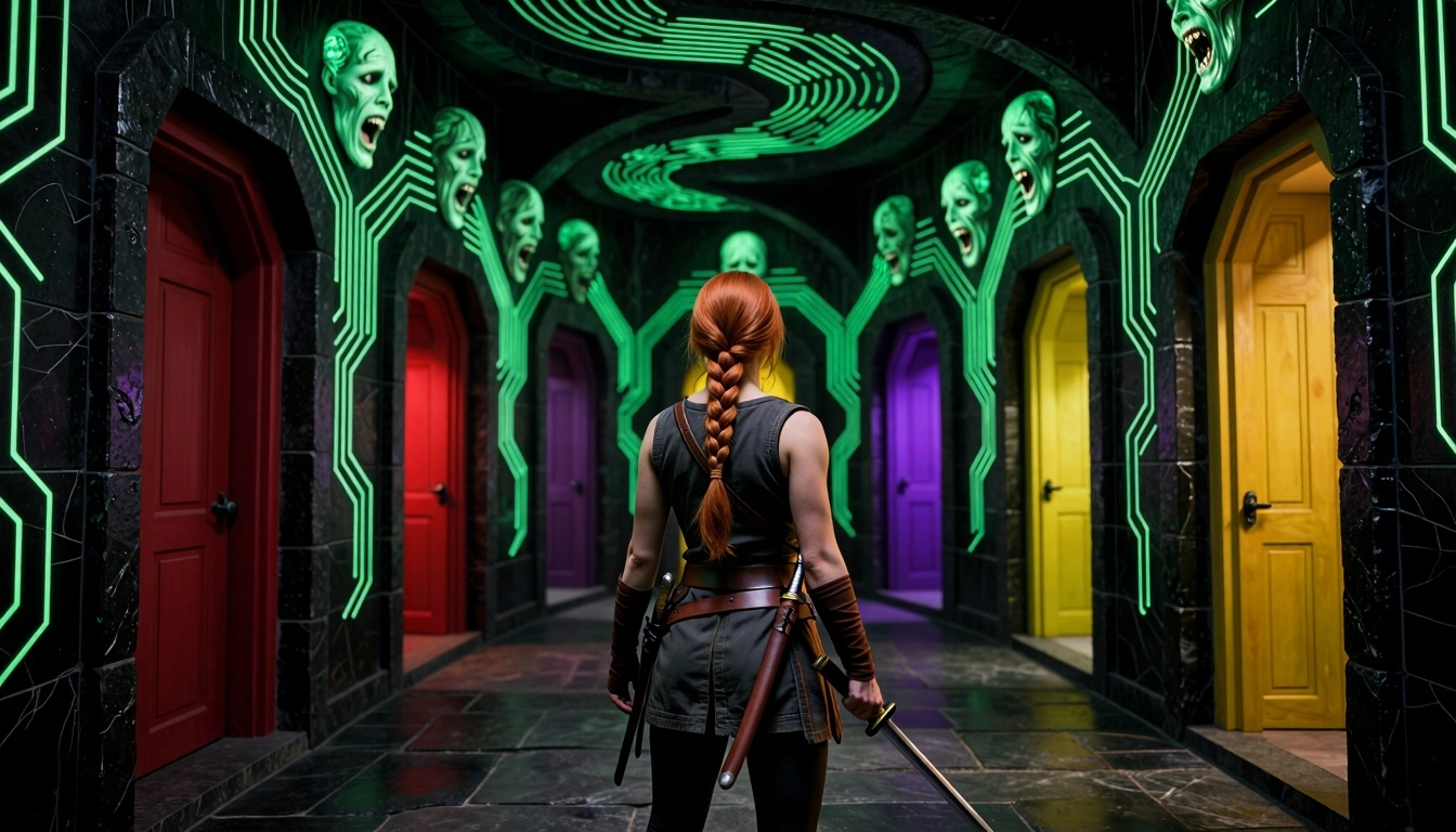 A lone female adventurer with long auburn hair in a tight braid, clad in dark leggings and tunic with a leather belt hol