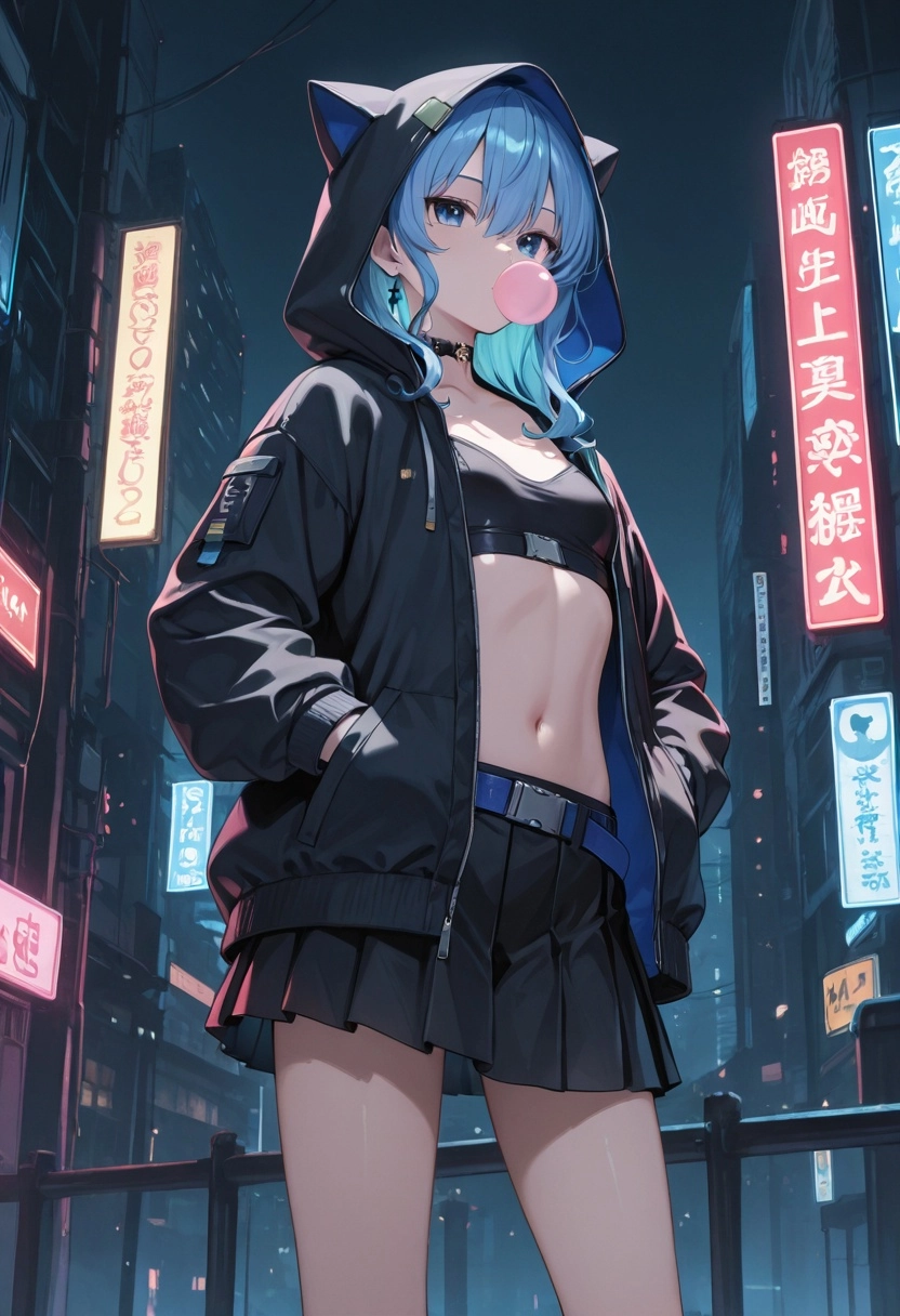 1girl, solo, virtual youtuber, hololive, hoshimachi suisei, blue hair, blue eyes, hair between eyes, black hooded jacket