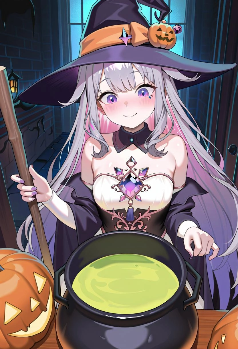 Koseki Bijou in an a witch Halloween outfit inside of a haunted house and mixing a glowing green brew of liquid in a lar