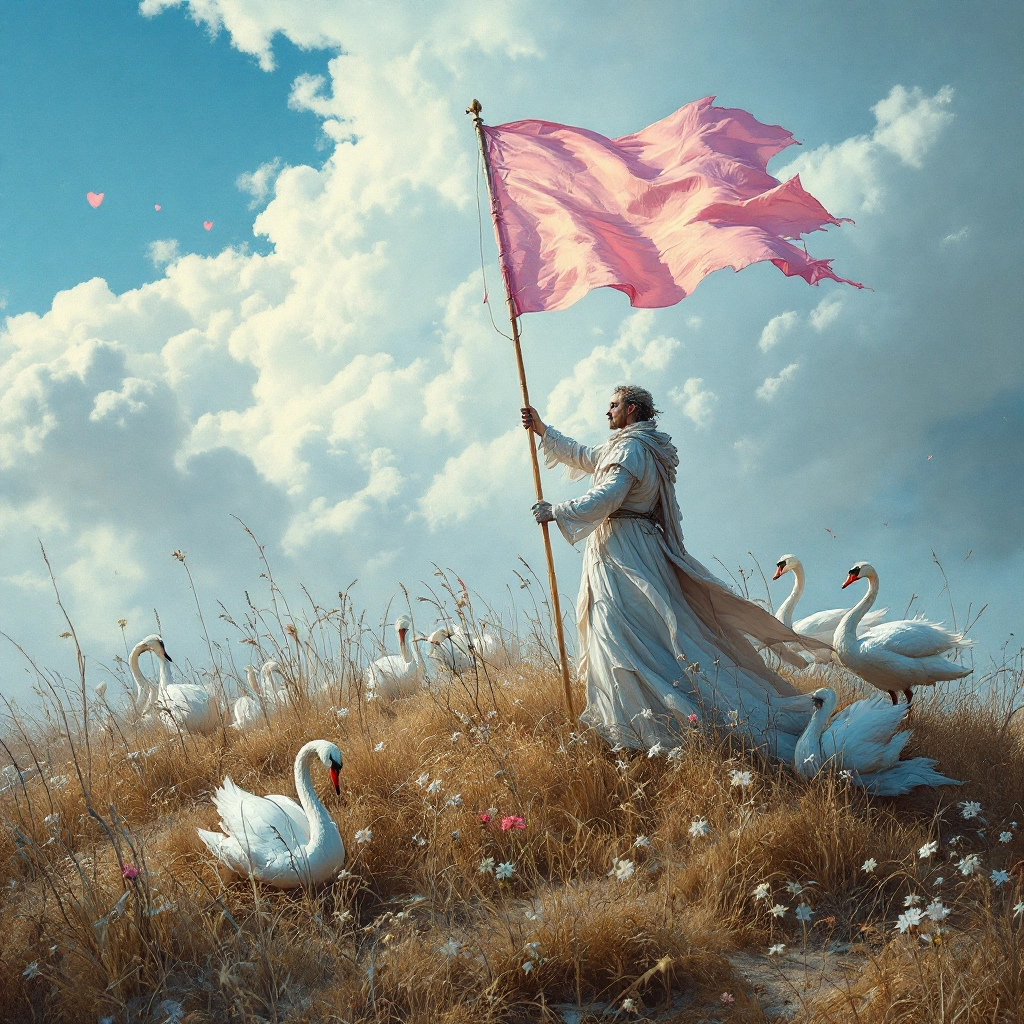 Battlefield enamored with hard hearts, periwinkle blue and blank sky, folk photography, open matte, hdr, a man holding t