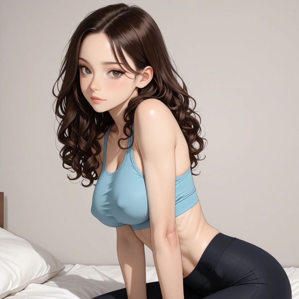 skinny fit curly-haired brunette girl with big boobs and butt