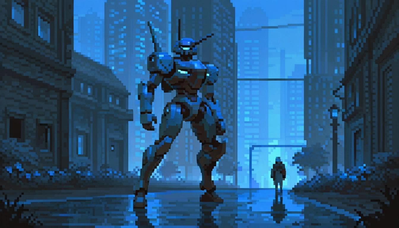 Cyberpunk city bathed in blue light, flowers in mechanic walking pots sit in the widows. The atmosphere is dim. Inbetwee