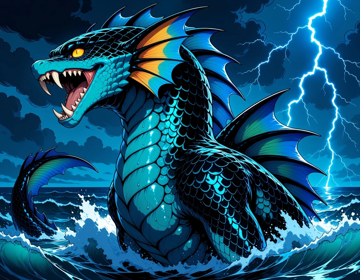 fantasy, kraken, tempest, ocean, fangs, emerging from the ocean during a storm, lightning, scales, crest along the back,