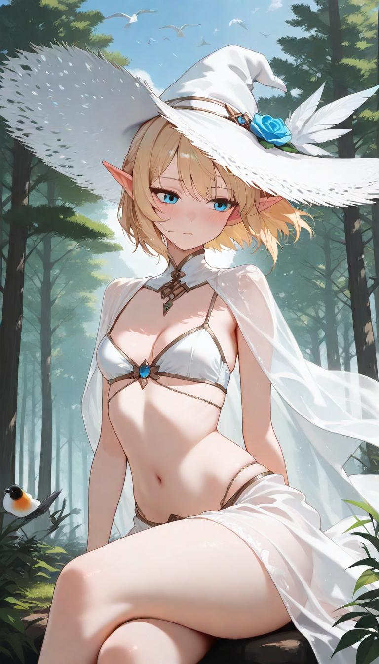 1girl, elf, alternate costume, forest, bird, blue sky, breasts, cleavage, crossed legs, hat, flat breasts, short hair, m