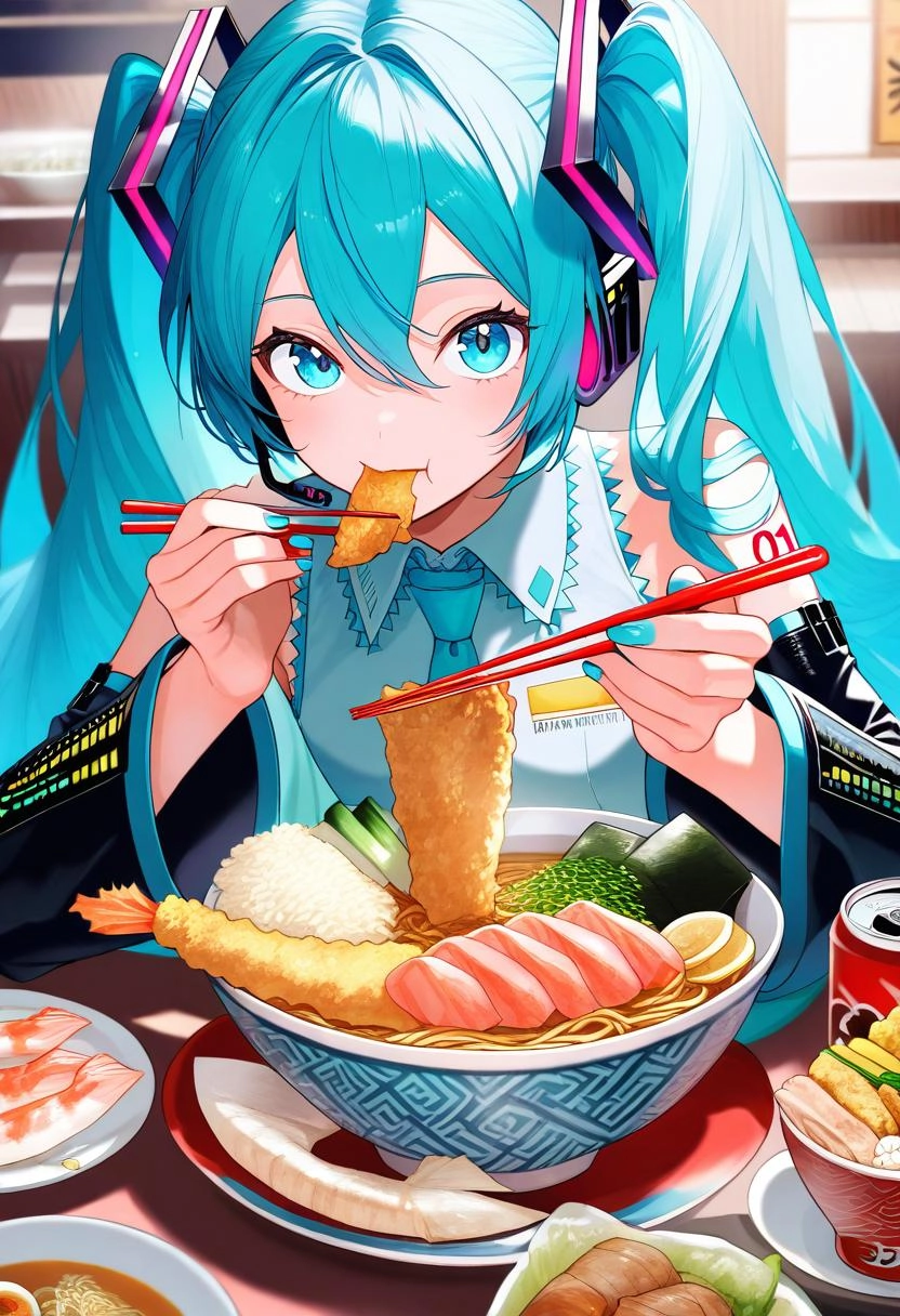 1girl, hatsune miku, vocaloid, sensitive, blue eyes, blue hair, bowl, can, chopsticks, collared shirt, detached sleeves,
