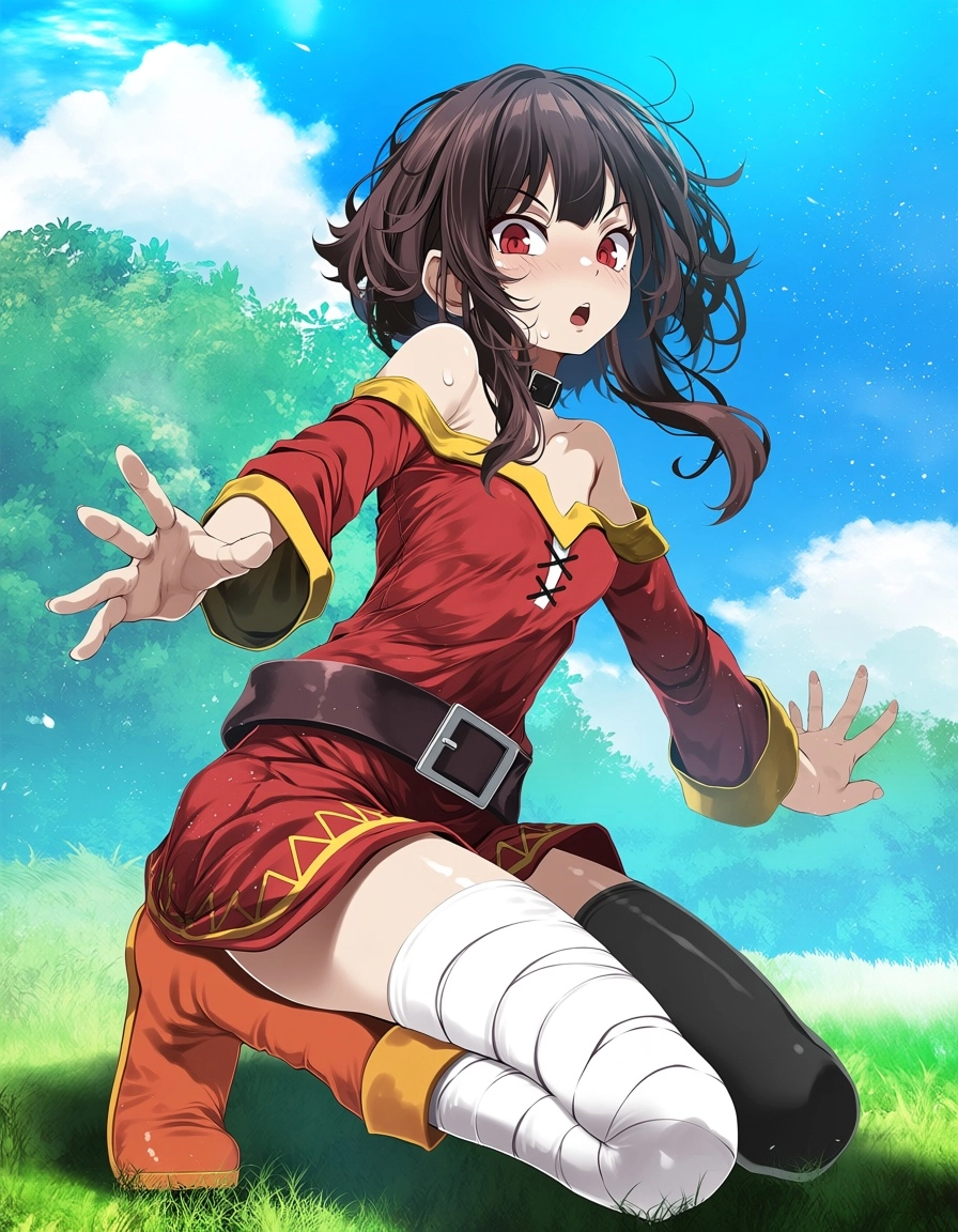 highres, absurdres, @tsukishiro saika, 1girl, solo, megumin, red eyes, brown hair, small breasts, short hair, short hair