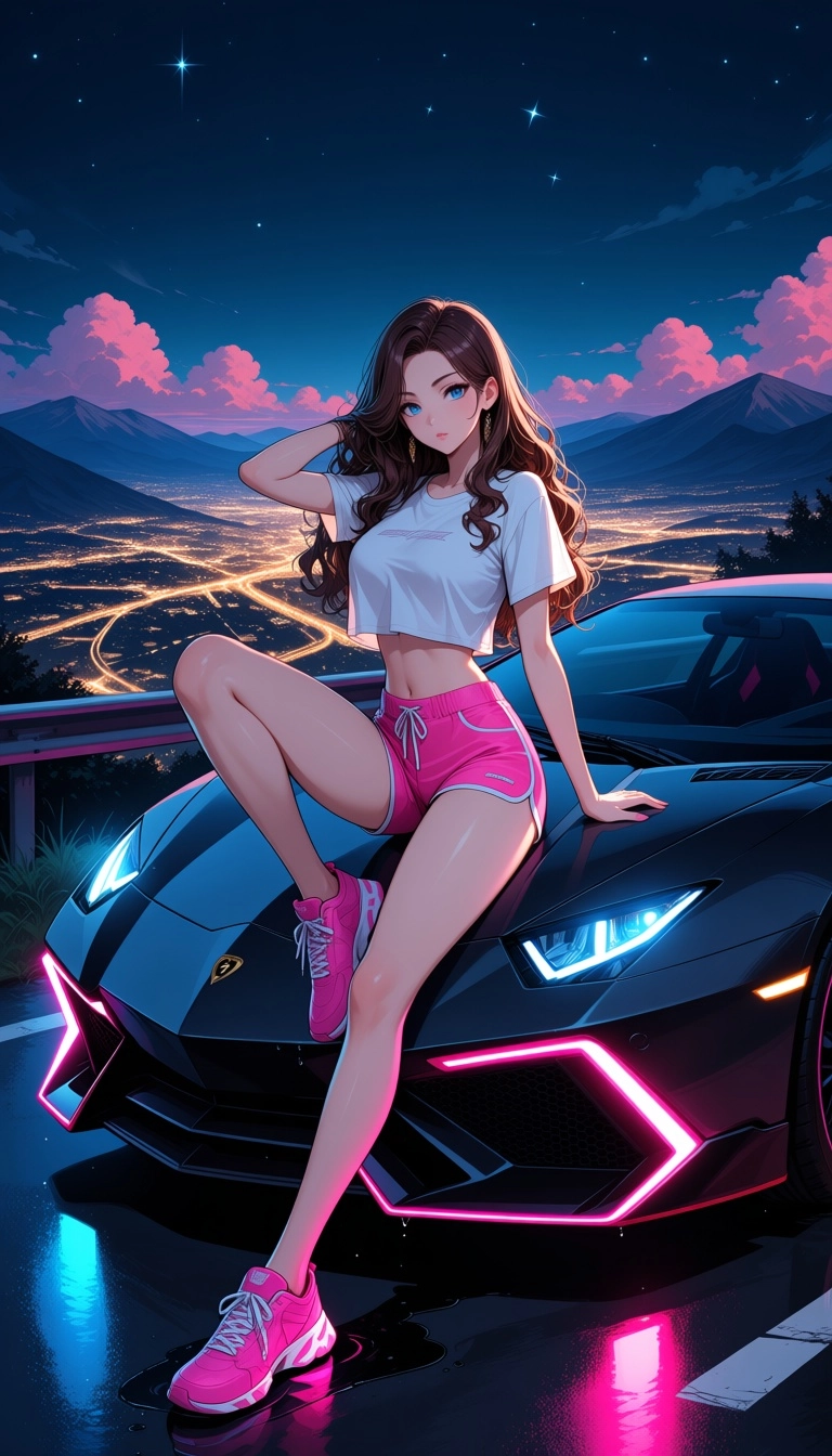 Digital anime illustration of a beautiful brunette woman posing sitting on the hood of a sports car (resembling a Lambor