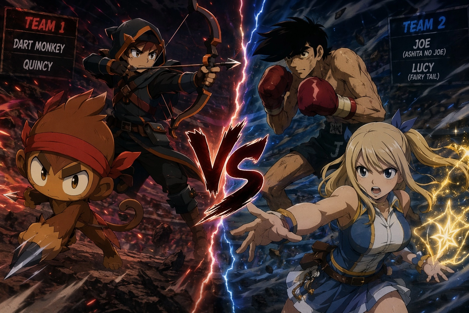 Anime screencap, epic fight between
Team 1: Dart monkey (Bloons TD6), Quincy (Bloons TD6) 
vs
Team 2: Joe (Ashita no Joe