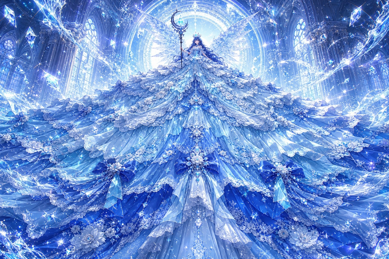 A small anime goddess / ice queen perched on top of a mountain of fabric, wearing an impossibly gigantic blue ballgown t