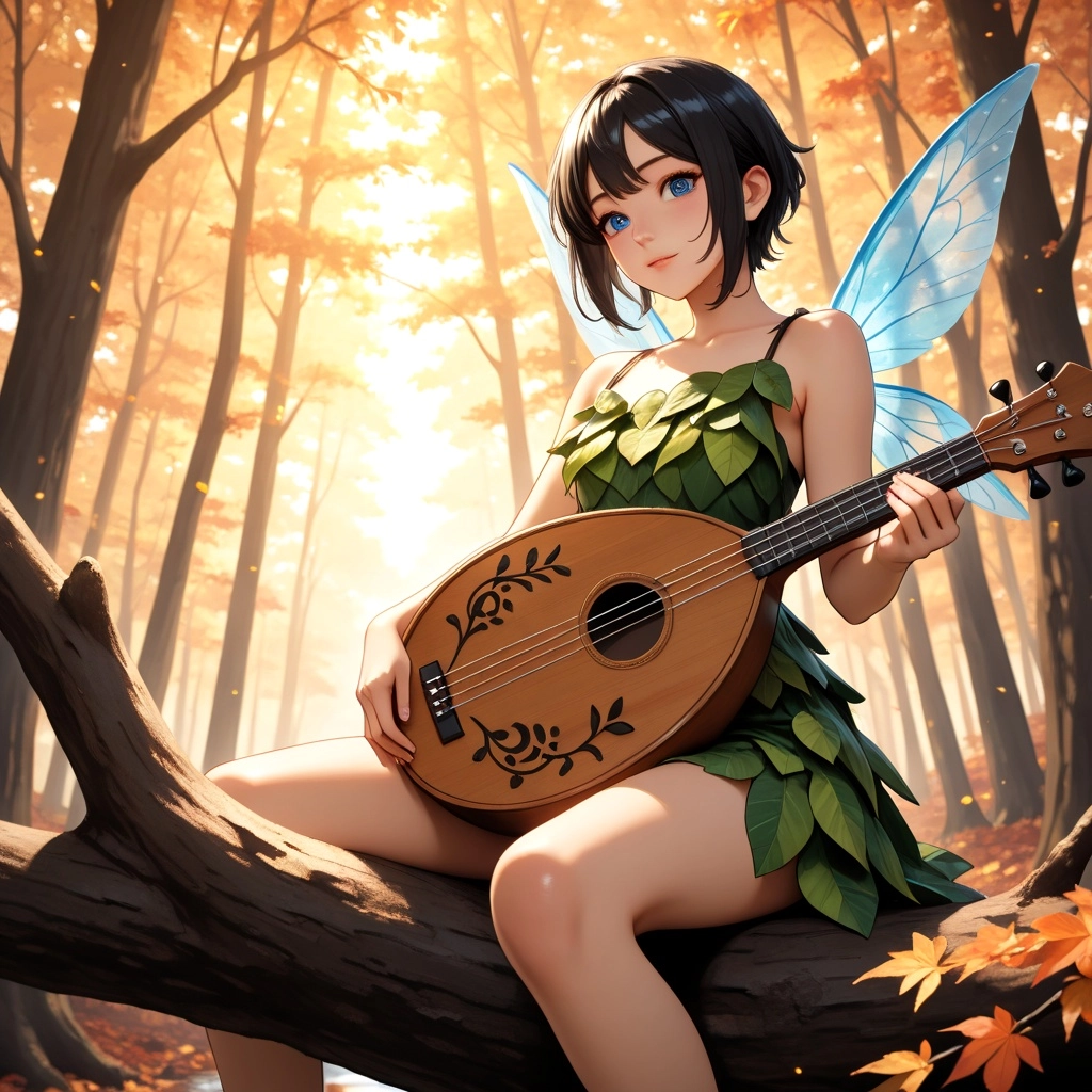 a tiny pixie, black hair, blue eyes, pearlescent wings, simple 'leaf' dress, BREAK sat on a tree branch, playing a lute 