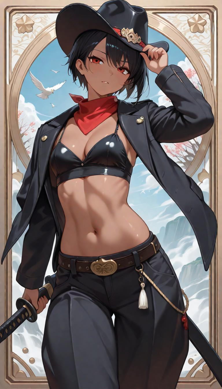 1girl, cowboy samurai, dark skin, toned, alternate costume, bird, blue sky, breasts, cleavage, hat, flat breasts, short 