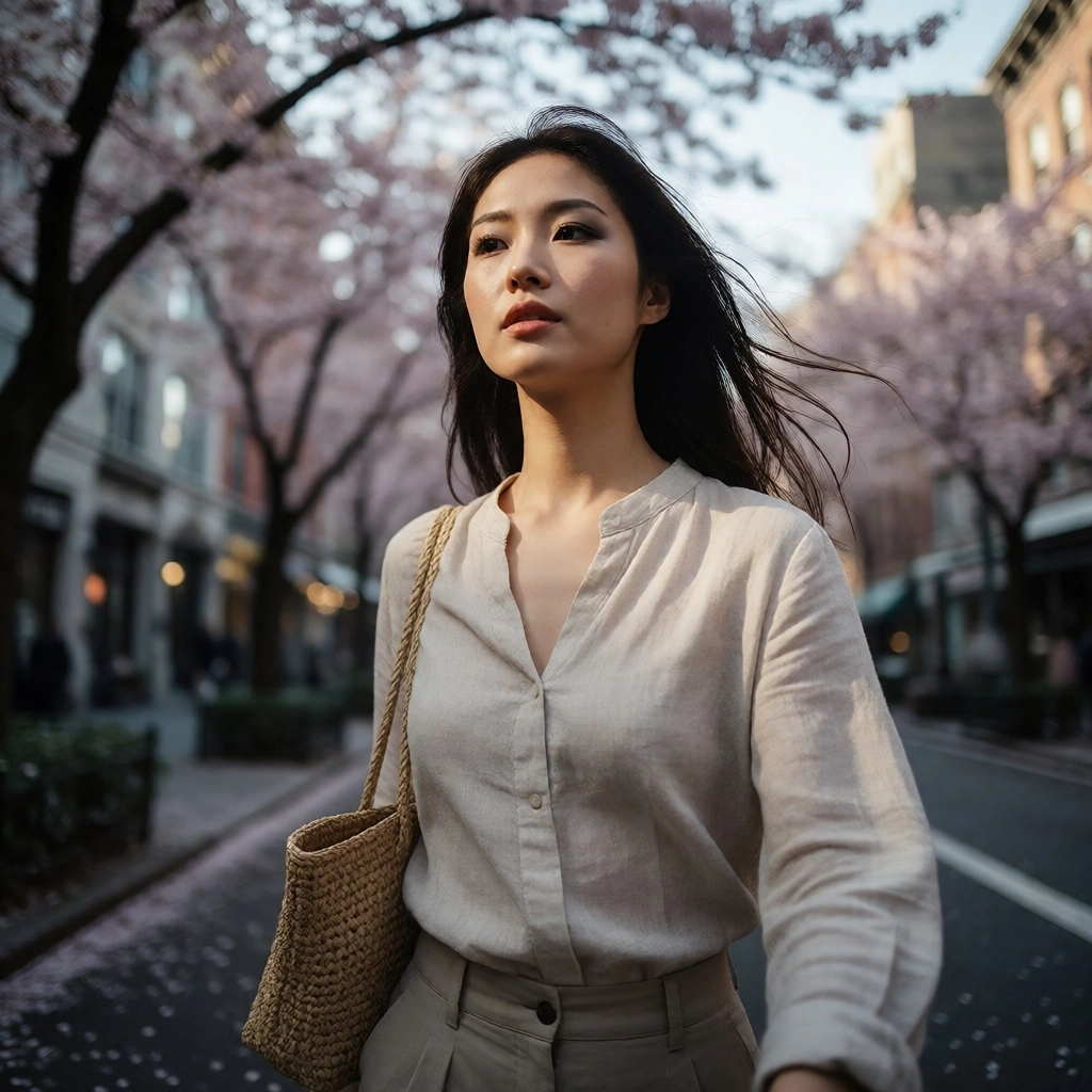 A young Asian woman in her late 20s, walking confidently down a sun-dappled urban street lined with blooming sakura tree