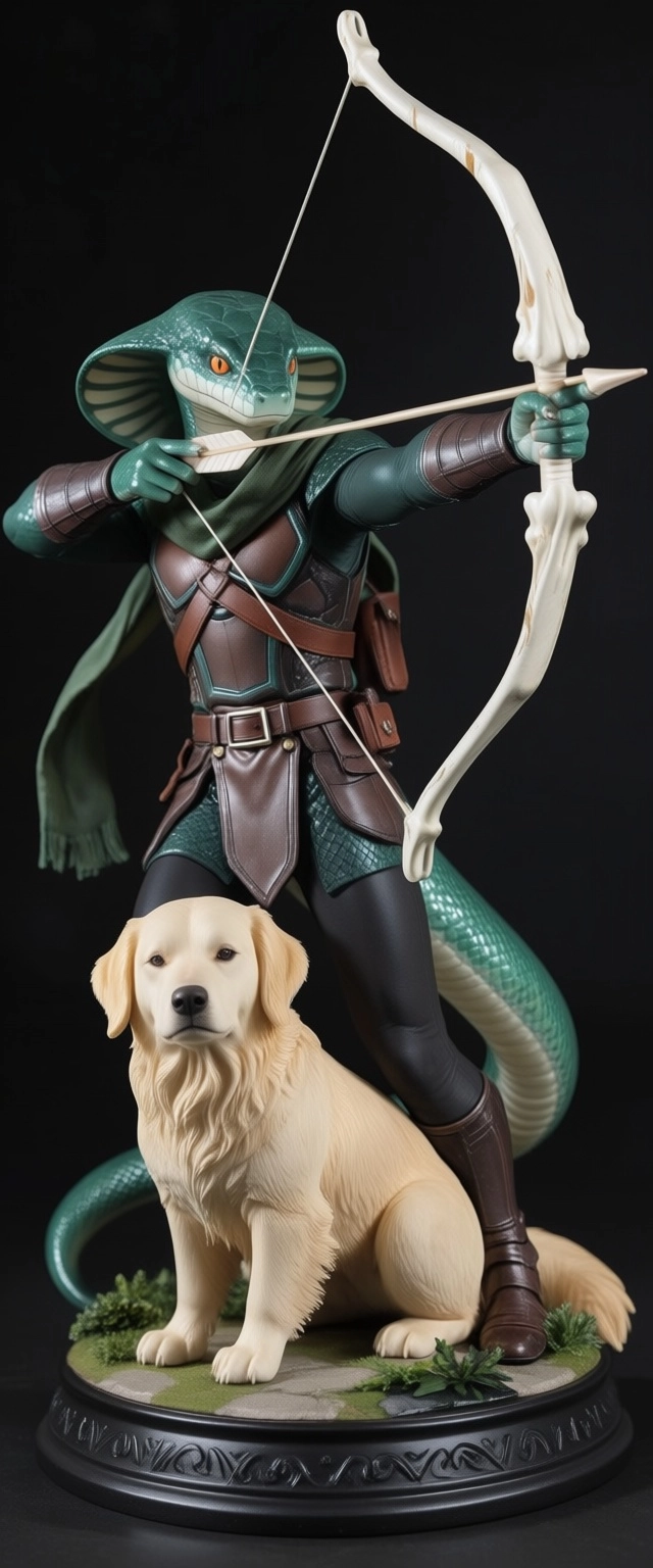 male, reptialian, anthro cobra,  bipedal,  snake, green scaly skin, orange snake eyes, hide armour, claws, green scarf, 