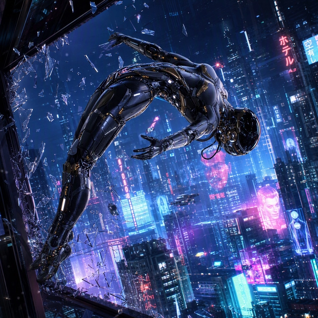 a female shaped cybernetic robot, humanoid,  not high heels, small breasts with plating, sleek, futuristic, carbon fiber