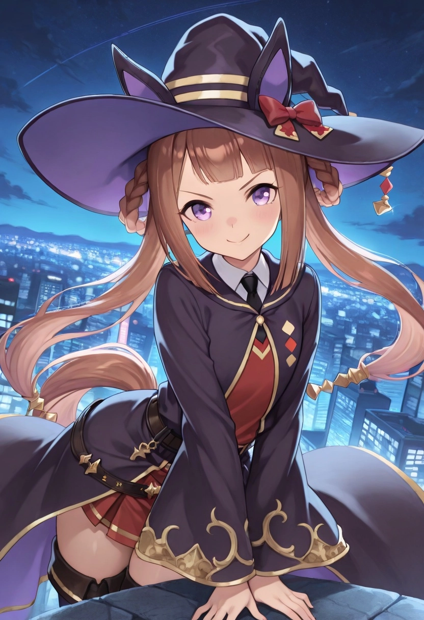 1girl,Sweep Tosho(Umamusume),smile, Dynamic angle, Dynamic pose, looking at viewer,night sky, cityscape,witch