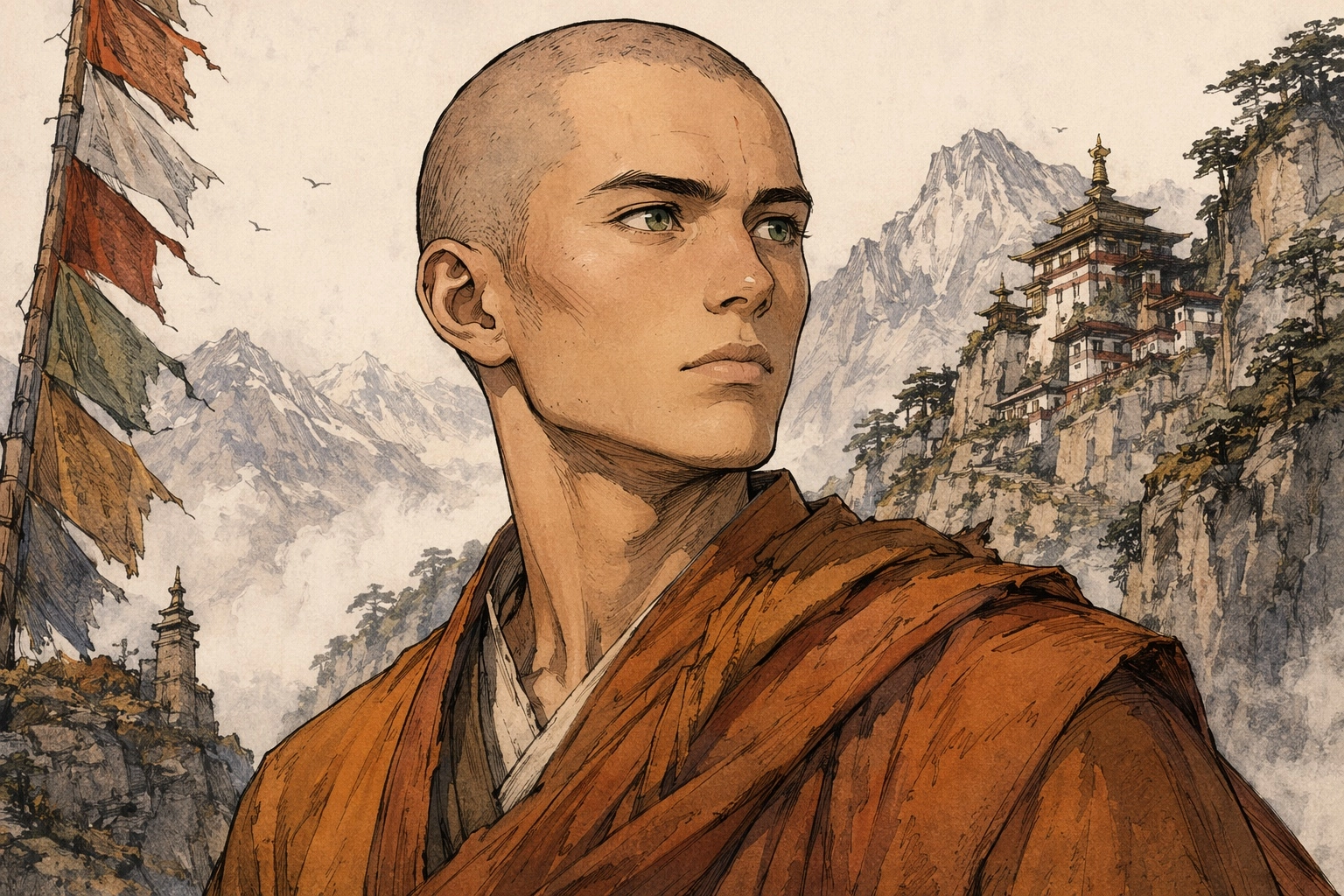 high resolution textures. color ink sketch lines art style, a 20-year-old monk with a wise and determined gaze, green ey