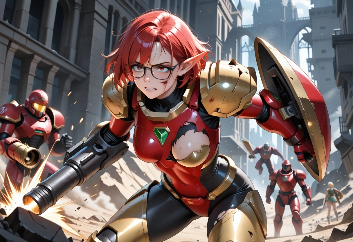 Female elf, red short hair, glasses, future base scenario, red and gold power armor, armor torn apart, she raised her sh