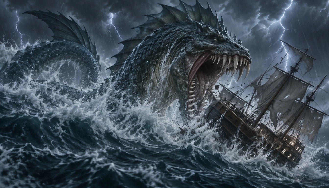 fantasy, sea monster, tempest, ocean, fangs, emerging from the ocean during a storm, lightning, scales, crest along the 