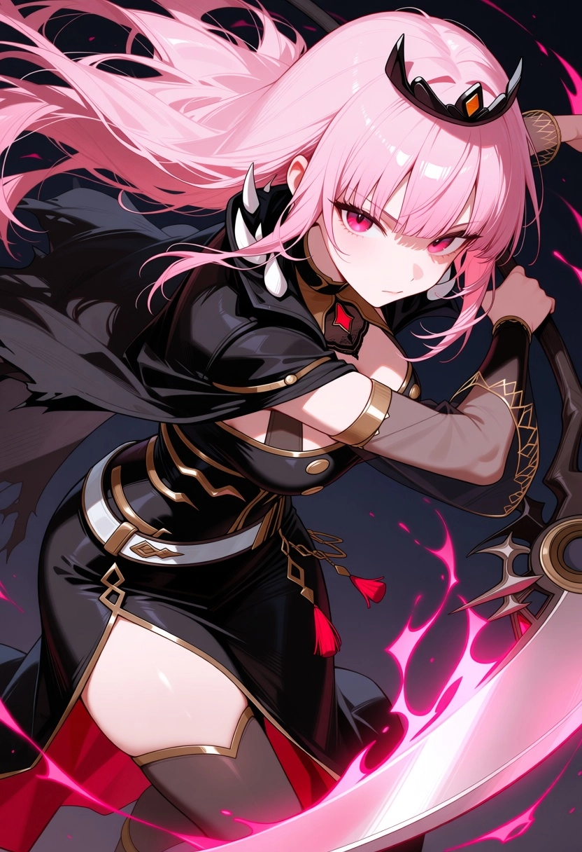 1girl, detailed eyes, looking at viewer, dynamic pose, mori calliope, pink hair, pink eyes, holding scythe