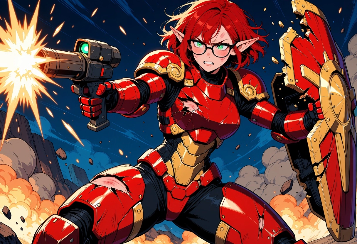 Female elf, red short hair, glasses, future base scenario, red and gold power armor, armor torn apart, she raised her sh