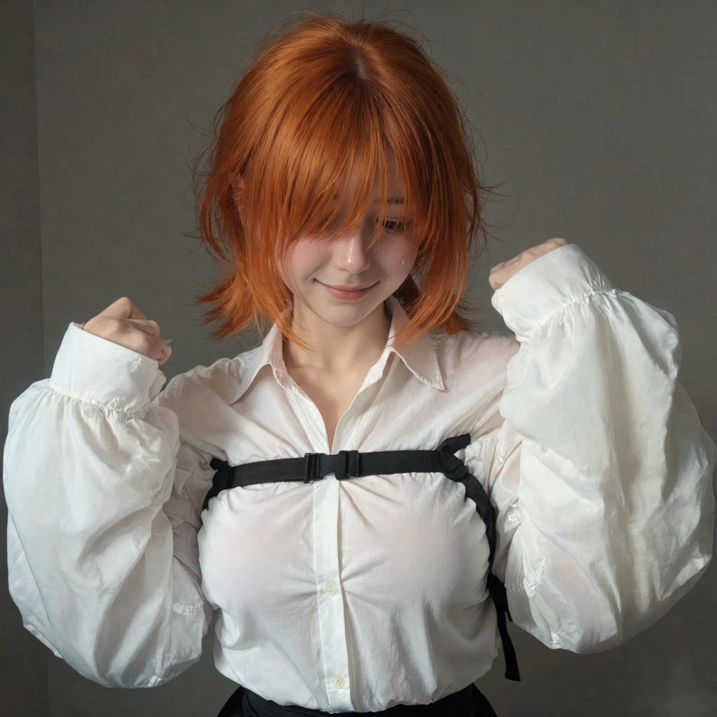 masterpiece, best quality, anime illustration, upper body portrait of a shy orange-haired anime girl, medium messy orang