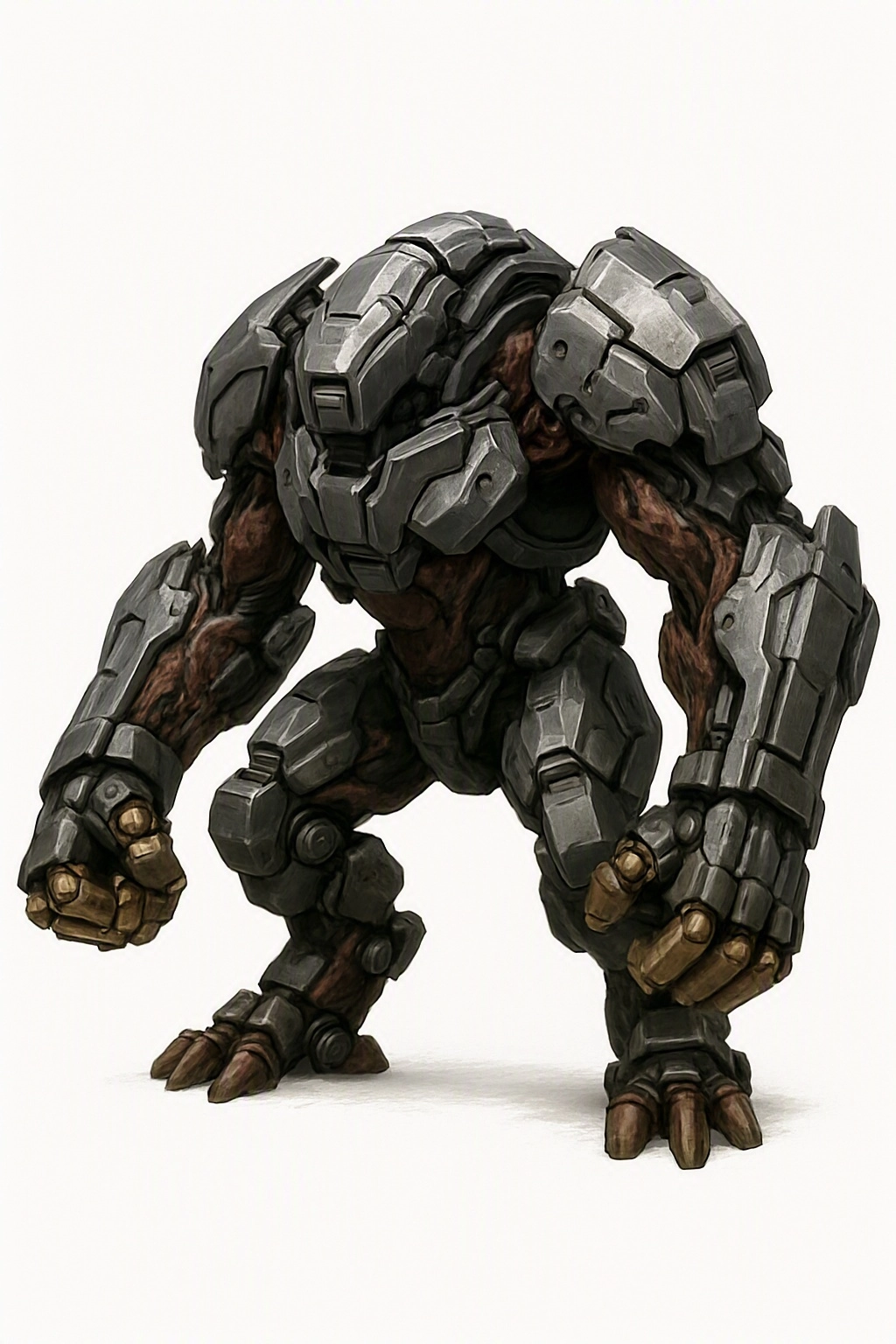 rpg style art. a sci-fi combat mecha. a quadrupedal creature with the general form of a gorilla. it is a distinct scary 