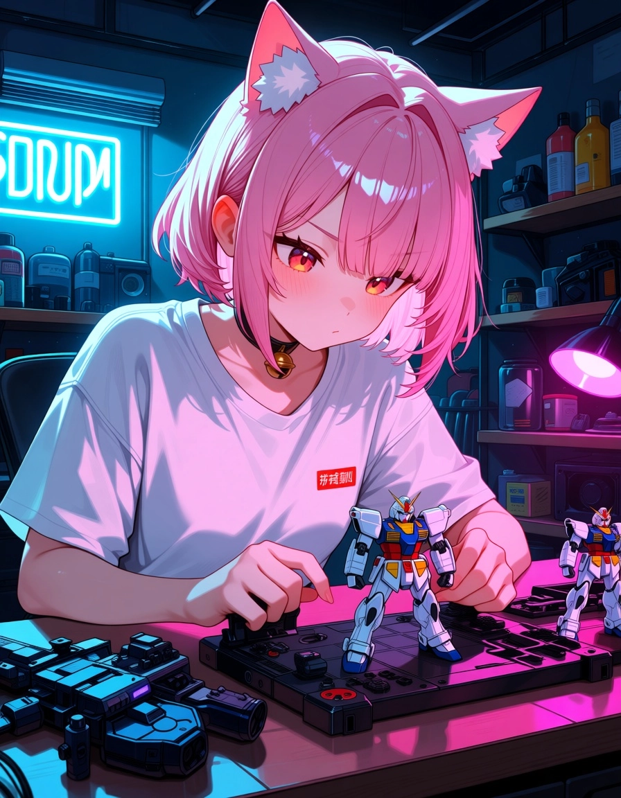 1girl, cat ears, pink short hair, assembling SGundam model kit, focused expression, hands on parts, detailed plastic pie