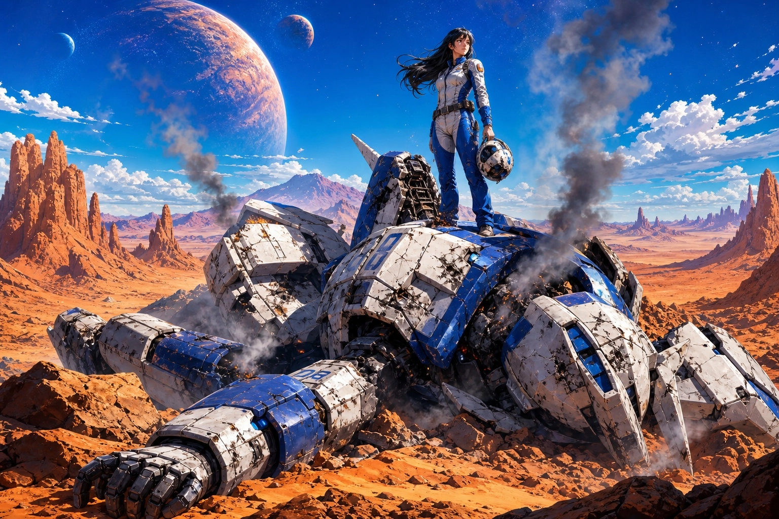 semi realistic anime style, clean clear image, low noise image, a giant mec suit has crashed into a rocky desert landsca
